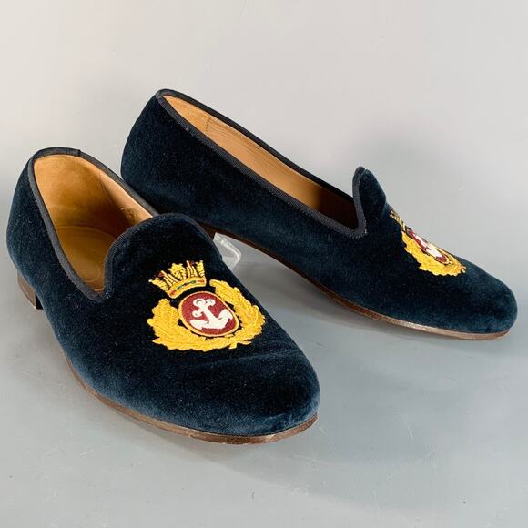 STUBBS & WOOTTON Size 10.5 Royal Anchor Navy Gold Embroidery Velvet Loafers - Picture 1 of 11